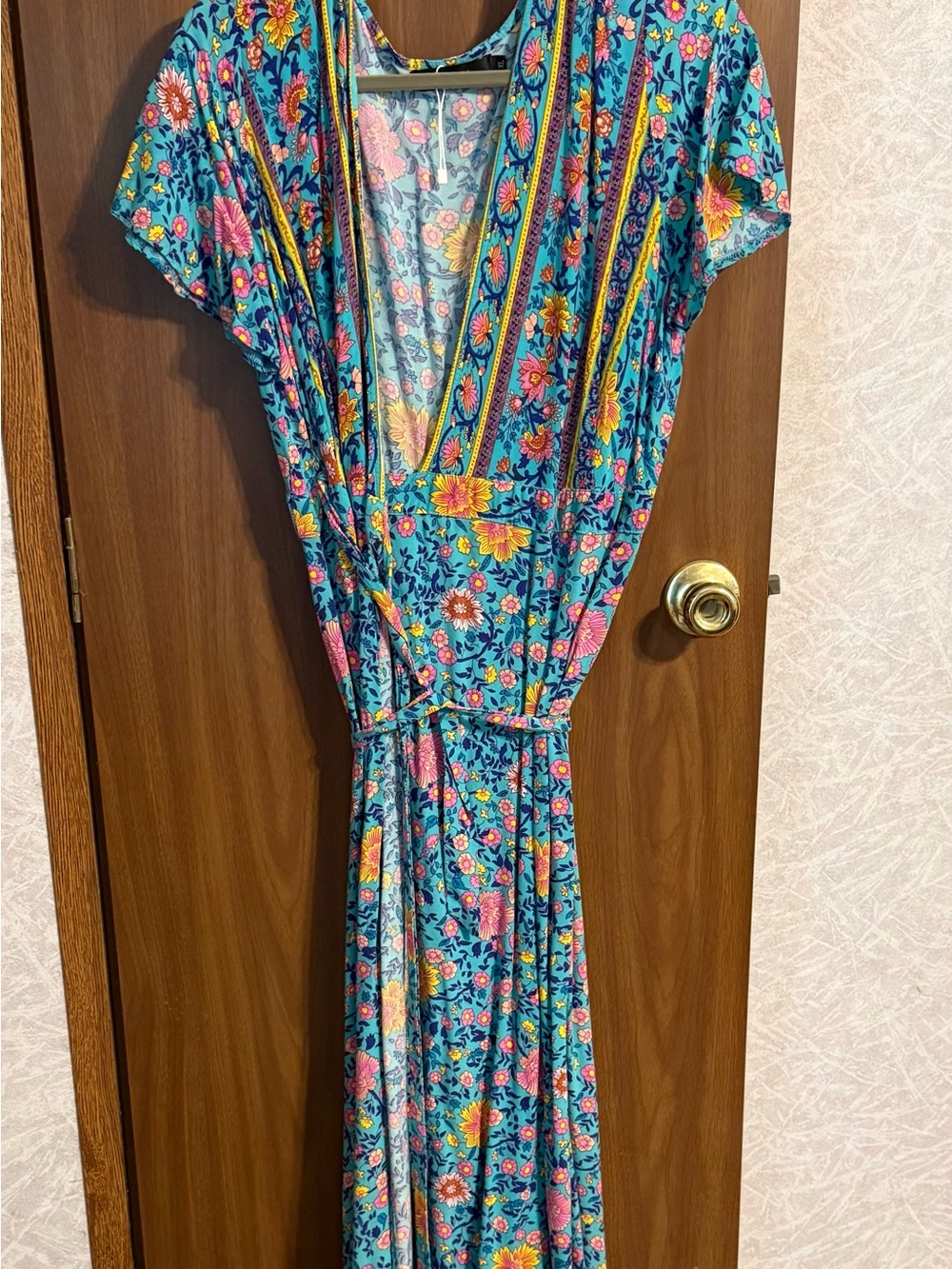 Zesica Turquoise Floral Maxi Dress with Pink & Yellow Blooms